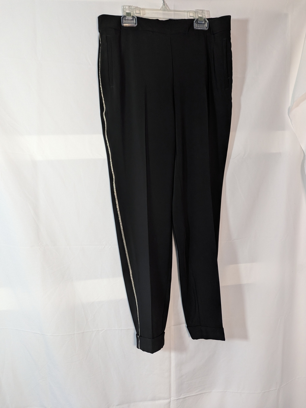 Chico's Black Straight Leg Pants with Metallic Side Stripe